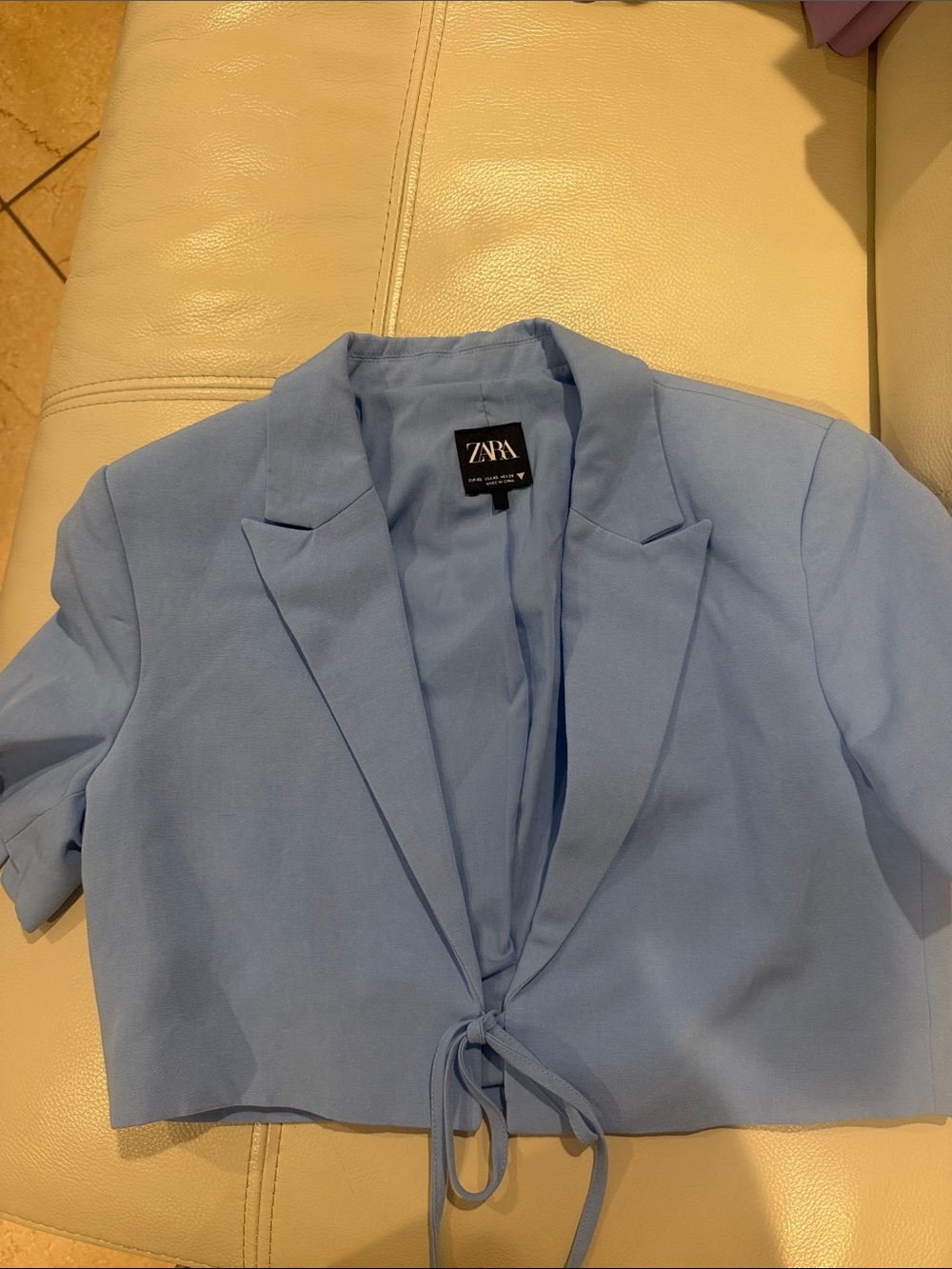 Zara Powder Blue Cropped Tie-Front Blazer Top